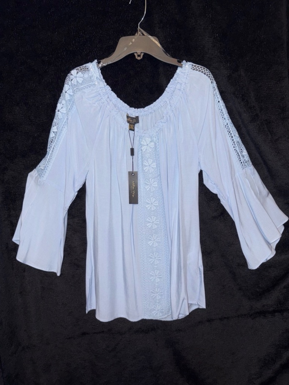 Melissa Paige Off The Shoulder Crochet Bell Sleeve Top PM Light Blue Boho NWT